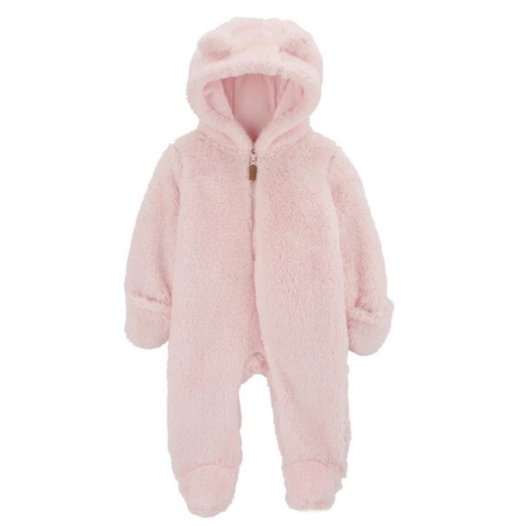 3/$30 Carter’s Baby Girl Pink Fuzzy Snowsuit Hooded Sherpa Jumpsuit Bear Ears 3M - Picture 1 of 9